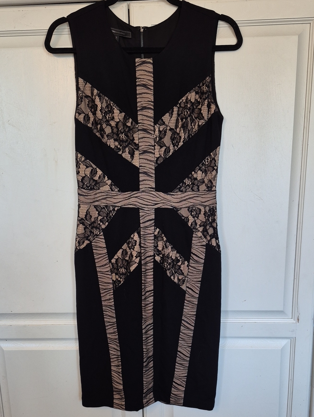 BCBGMaxAzria Black and Nude Lace-Panel Midi Dress